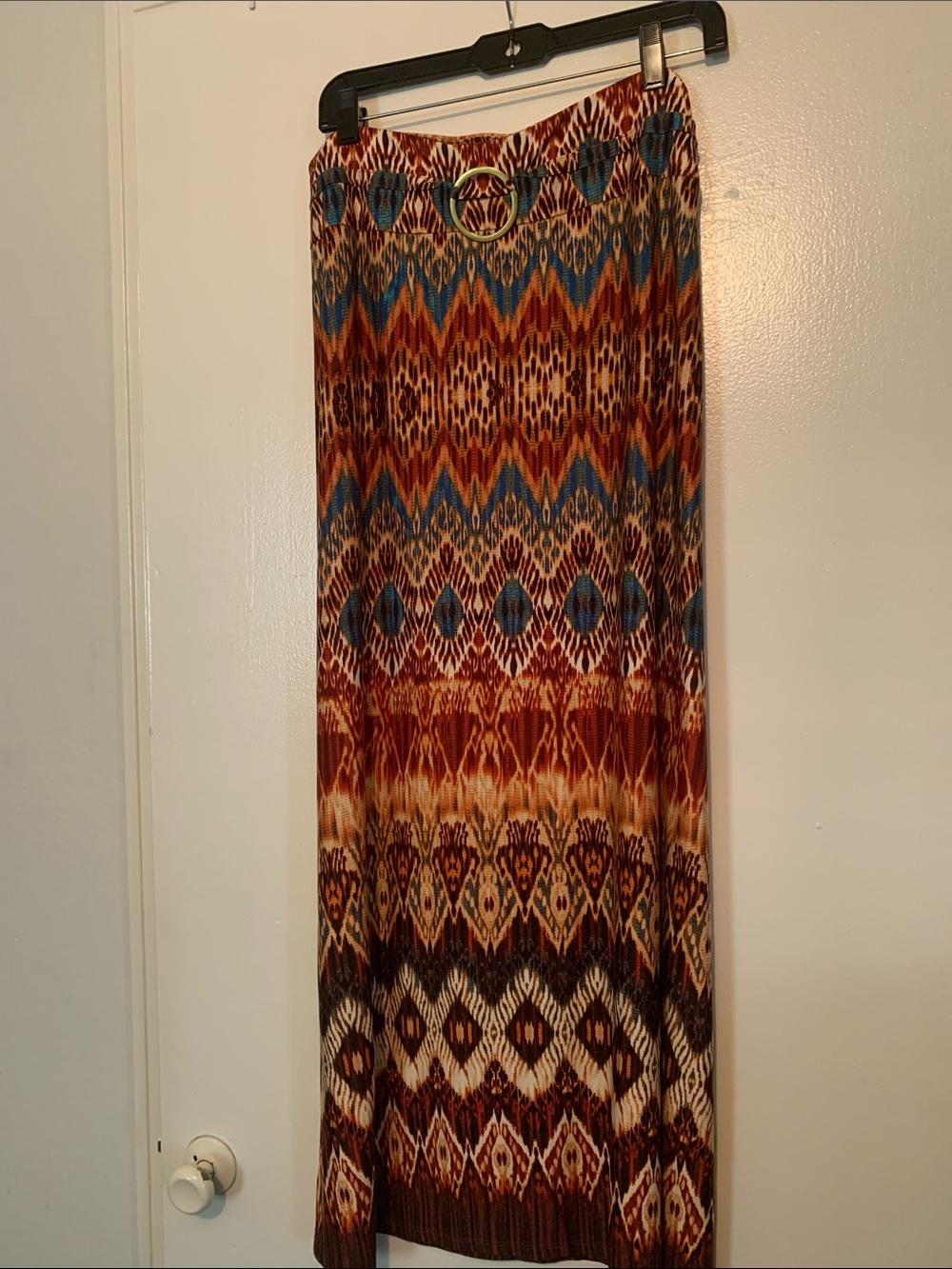 Soho Multicolor Chevron Ikat Maxi Skirt — Rust, Blue, Cream
